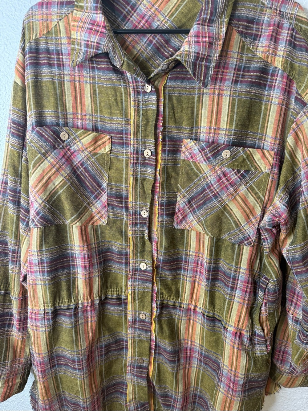Oli & Hali Plaid Tiered Button Front Shacket Shirt Olive Purple Raw Hem Size M - Picture 2 of 11